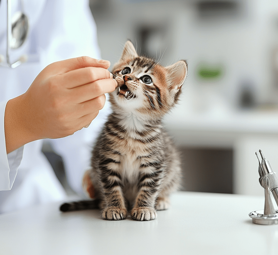 A veterinarian gently examining a kitten's teeth, showing professional care in a clean clinical setting.