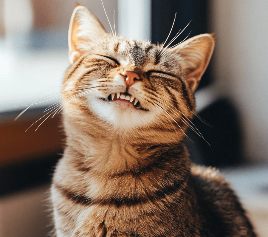 A healthy, happy adult cat smiling (or appearing content) with perfect teeth, symbolizing successful dental care.