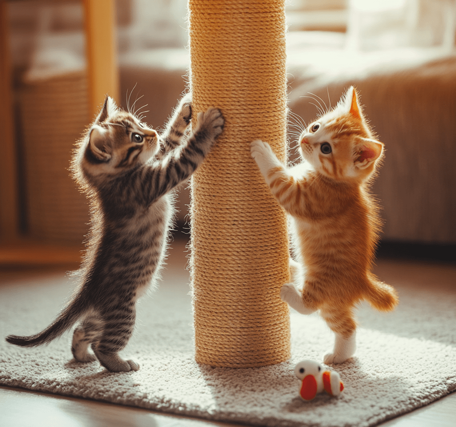  Playful kittens at around 4–6 weeks old interacting with each other in a living room setting. The scene includes kittens grooming each other and one climbing a small cat tower. 