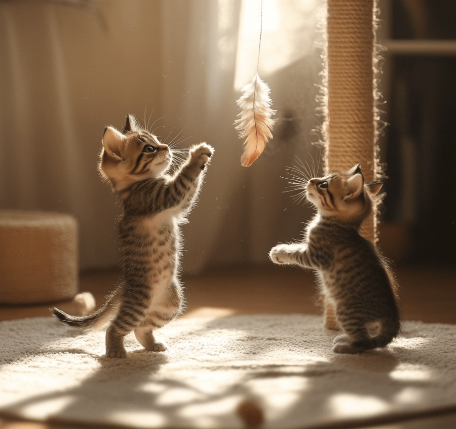 A pair of kittens in mid-action play — one pouncing on a toy while the other crouches playfully. The background can be a safe indoor space filled with toys. 