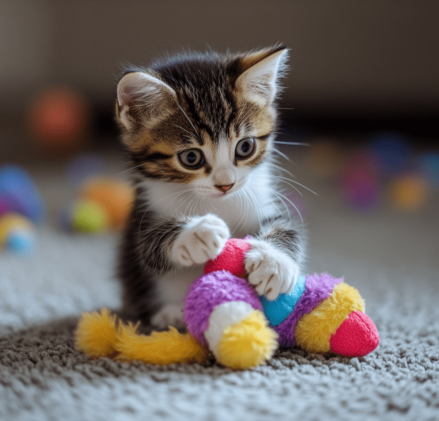 A kitten playing with a soft stuffed toy. The kitten is gripping the toy with its front legs and kicking with its hind legs, showing acceptable play behavior. 