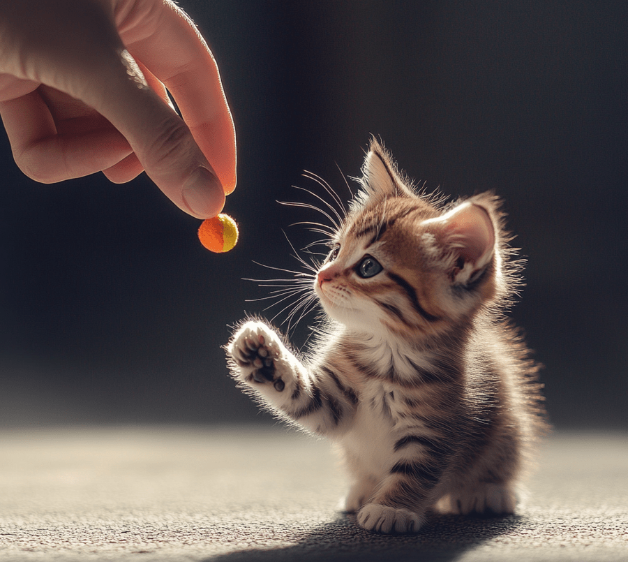 A kitten being gently redirected by a person’s hand toward a toy, emphasizing calm, positive interaction. 