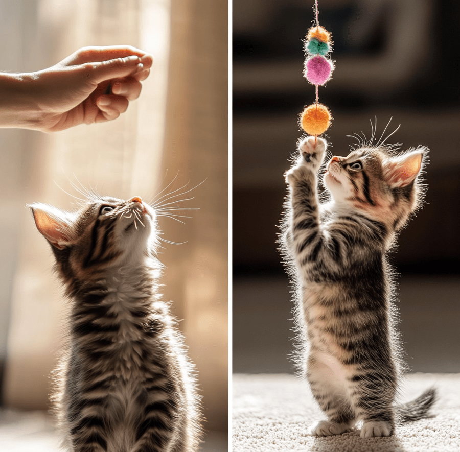 A visual contrast — one side showing an improper interaction (a hand flicking at a kitten), and the other showing a positive interaction (a kitten playing with a toy). 