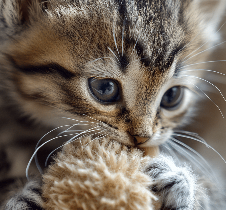 A close-up photo of a kitten chewing on a toy or object to relieve teething discomfort. 