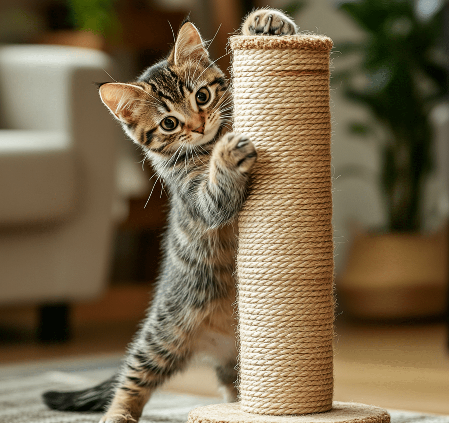 A kitten actively using a scratching post with its claws extended. 