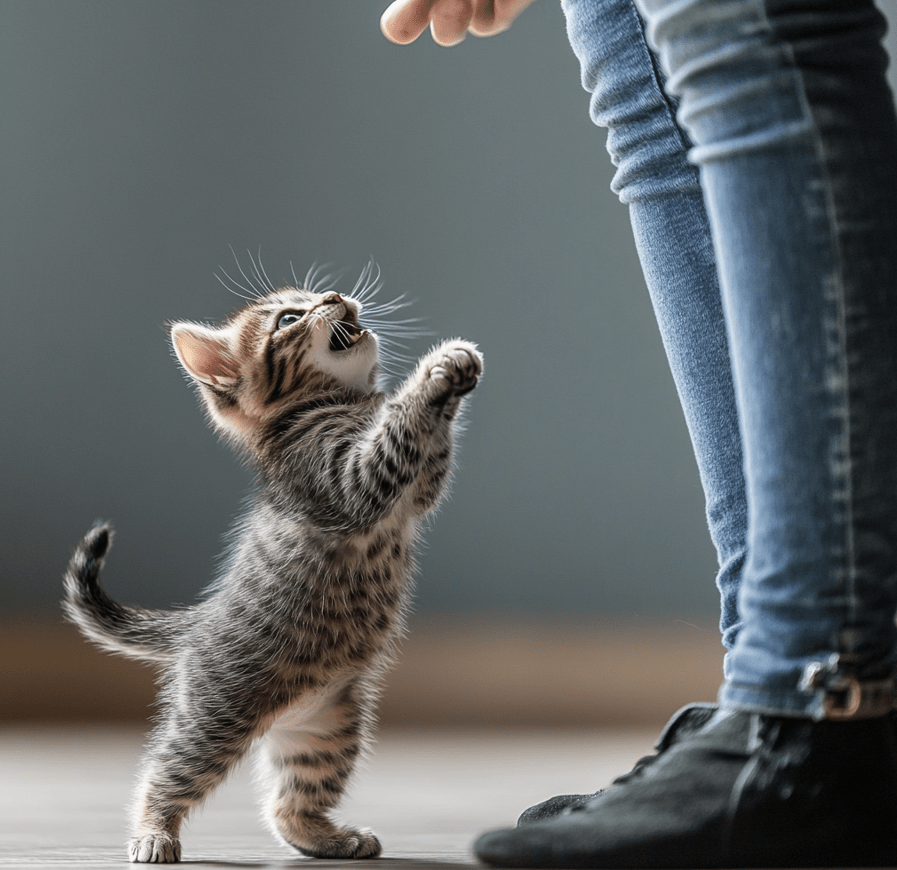 A person standing up or turning away from a biting kitten, showing the action of disengaging playtime.
