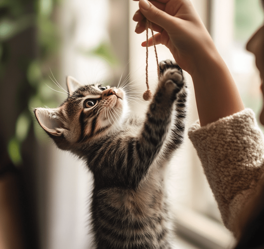 A kitten and a person having an interactive play session with a toy on a string.
