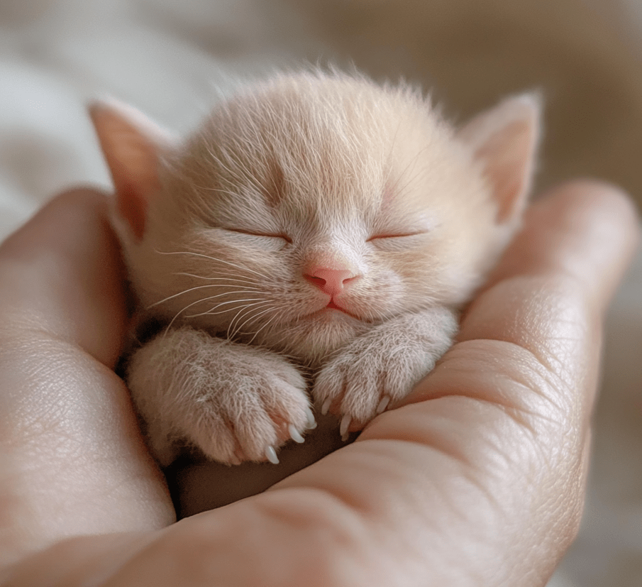 A newborn kitten that is blind, curled up, and very small, fitting in the palm of a hand. 