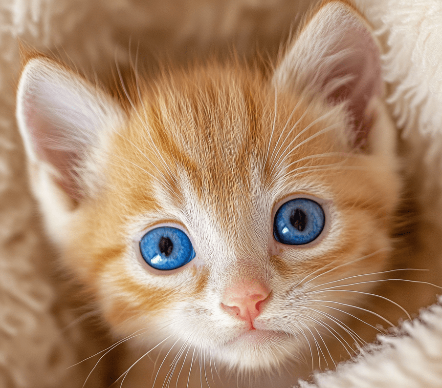 A kitten with baby blue eyes starting to open. 