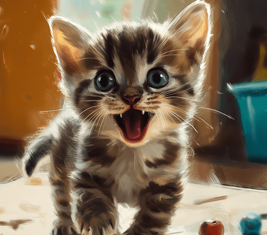 A playful kitten with ears and eyes fully open, showing their first incisors.