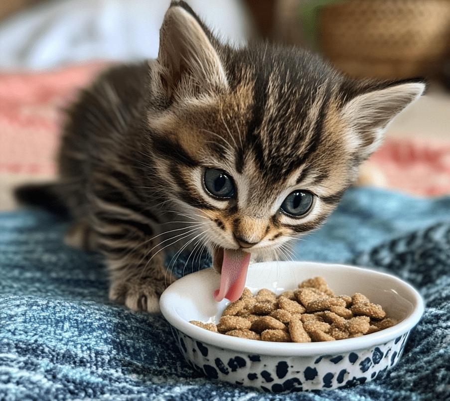  A kitten beginning to wean onto solid food, interacting with wet food and kibble. 