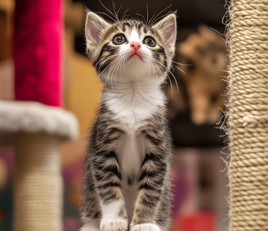 A playful kitten with blue eyes that are turning to their permanent adult color.