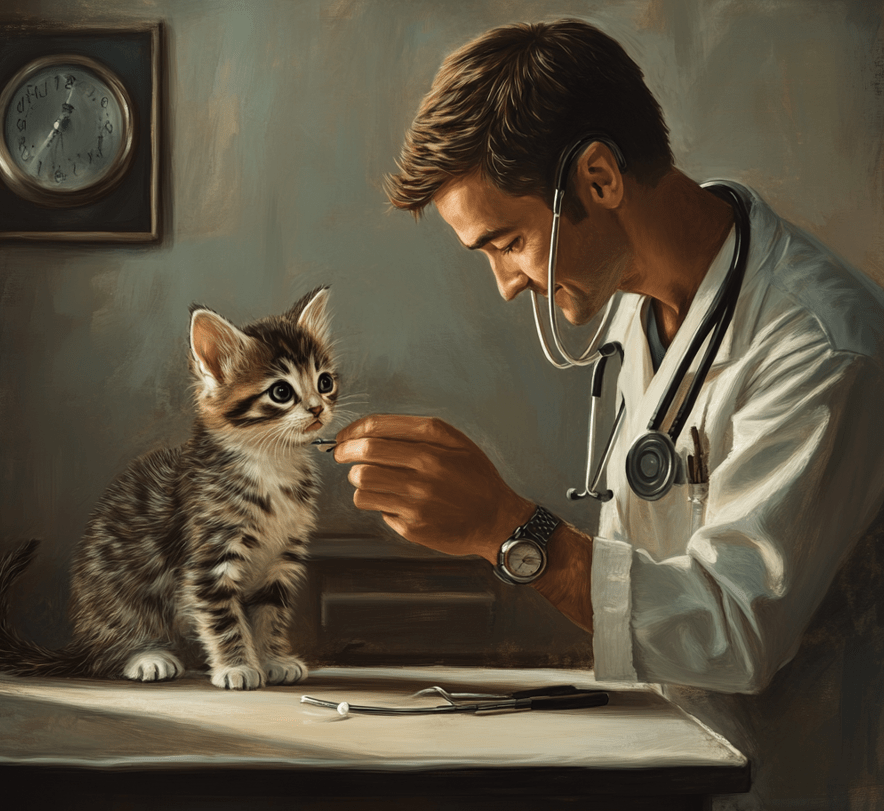 A veterinary clinic scene where a vet is examining a kitten's eyes, ears, and coat.
