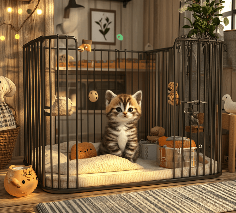 A kitten inside a playpen with a litter box, toys, food bowl, and a cozy bed.
