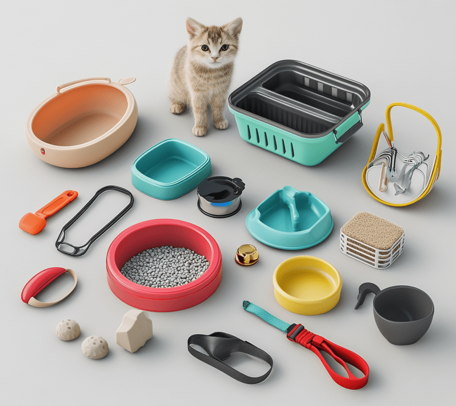  A collection of kitten supplies spread out on a table, including bowls, litter, scratching posts, toys, a cat carrier, and a leash.
