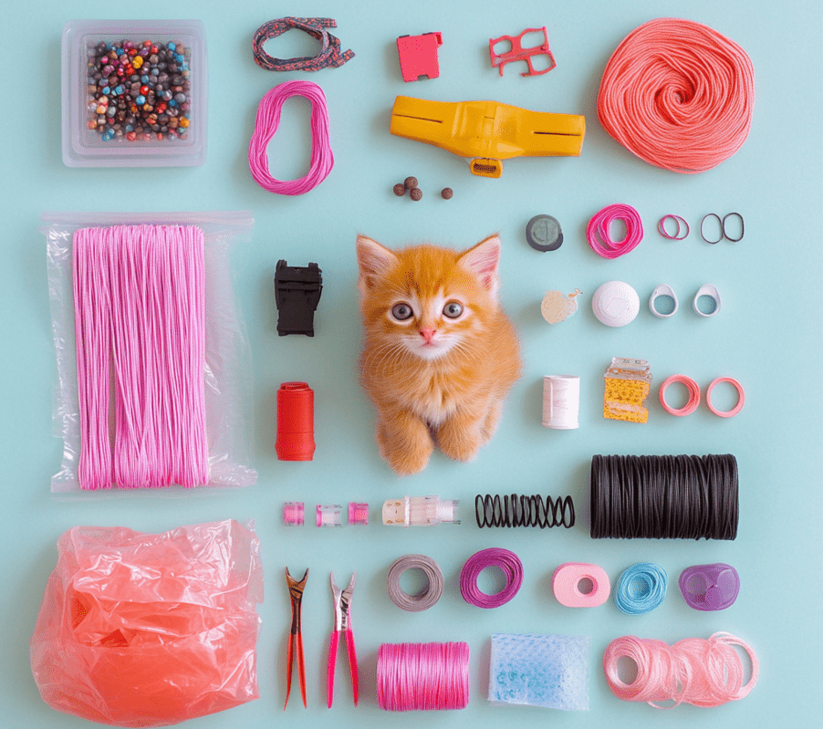 A collection of household objects that kittens are attracted to, such as ribbons, twist ties, rubber bands, doll accessories, and strings. 