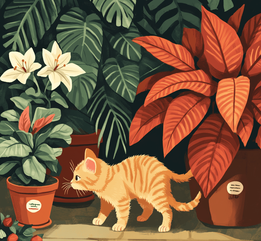 An indoor setting with common houseplants like Philodendron, Lilies, and Poinsettia, with a kitten curiously sniffing one plant. 