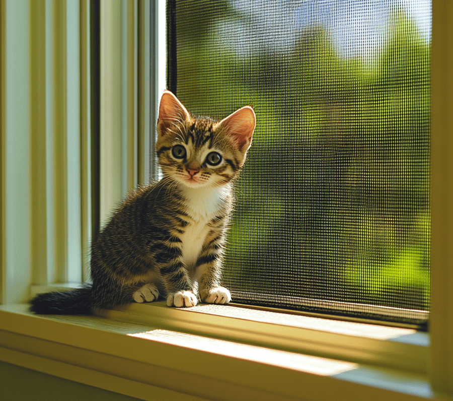 A window screen with a kitten sitting on the ledge, looking curiously outside. 