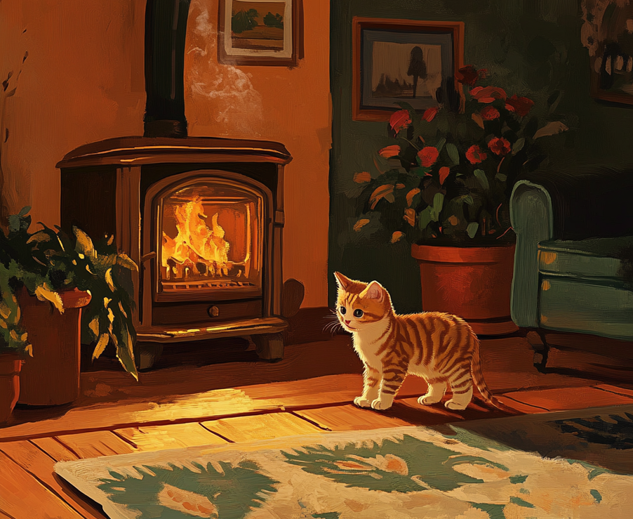 A kitten near a heater or a fireplace but with barriers installed to prevent access. 