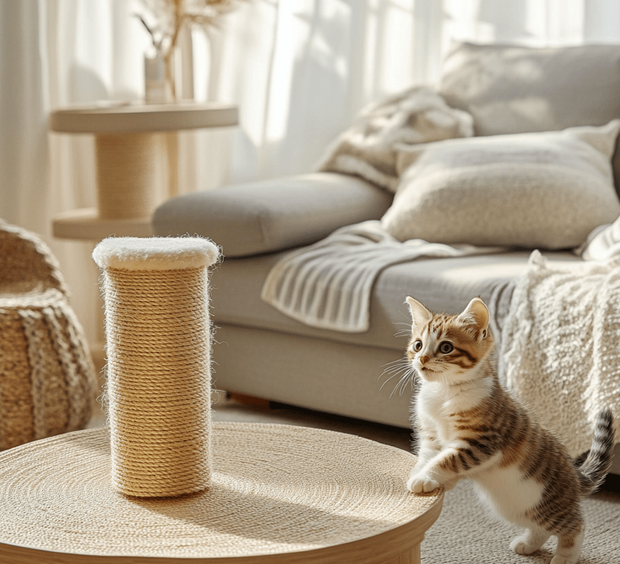 A scratching post set up in a living room with a kitten actively scratching it, while furniture and tablecloths are protected by clear tape or furniture guards.