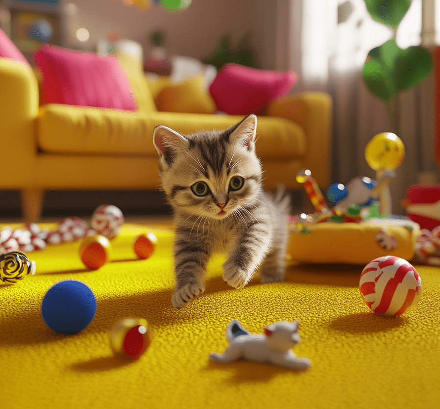 A collection of kitten toys including toy mice, balls with bells, and interactive toys scattered around a living room. 