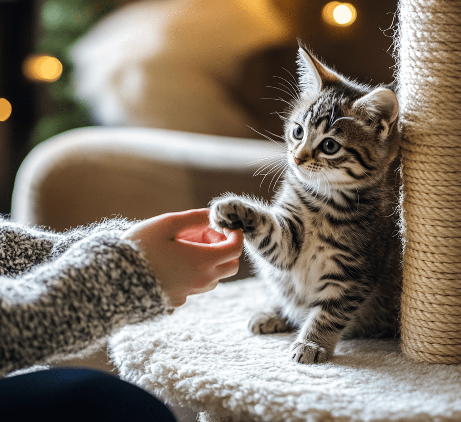 A kitten sitting calmly with a person gently redirecting its attention to a toy or scratching post. 