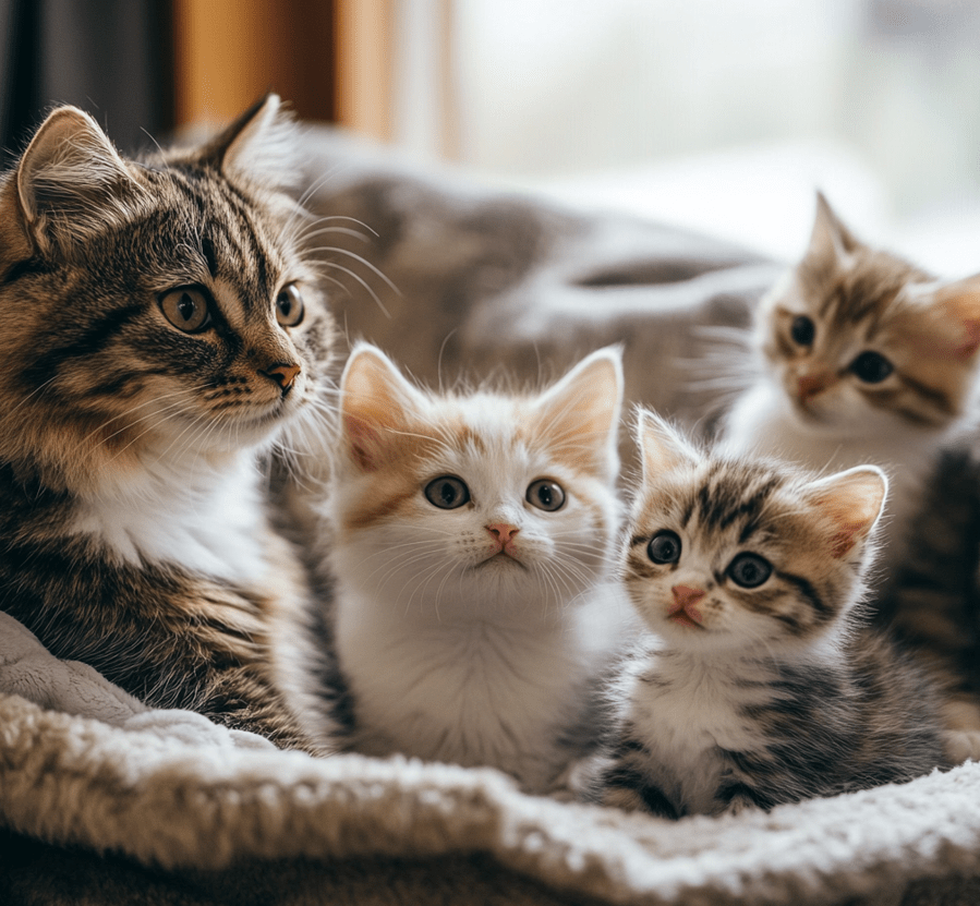 A breeder showing kittens with their parent cats. This should include a mother cat and her kittens interacting in a comfortable, clean environment.