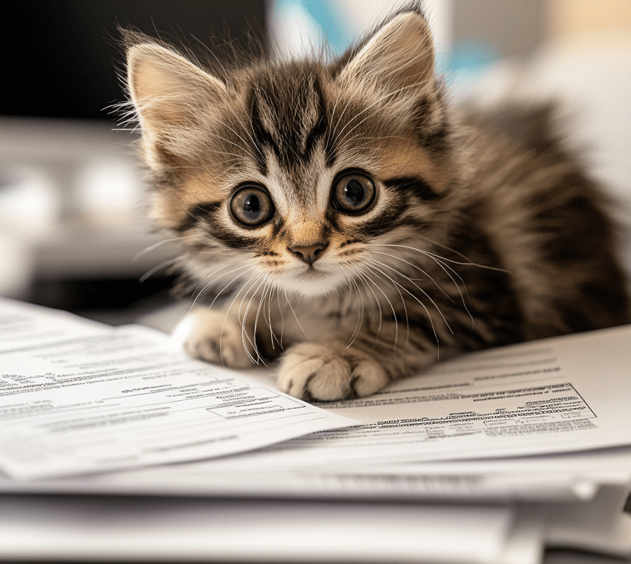 A close-up of health certificates, a sales certificate, and vaccination documentation along with a kitten in a veterinary clinic. 