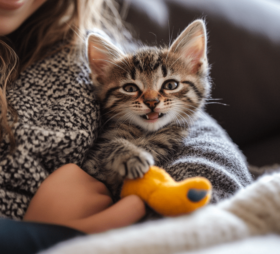 A well-adjusted kitten cuddling happily with its owner or playing with toys. This kitten should appear content, playful, and healthy. 