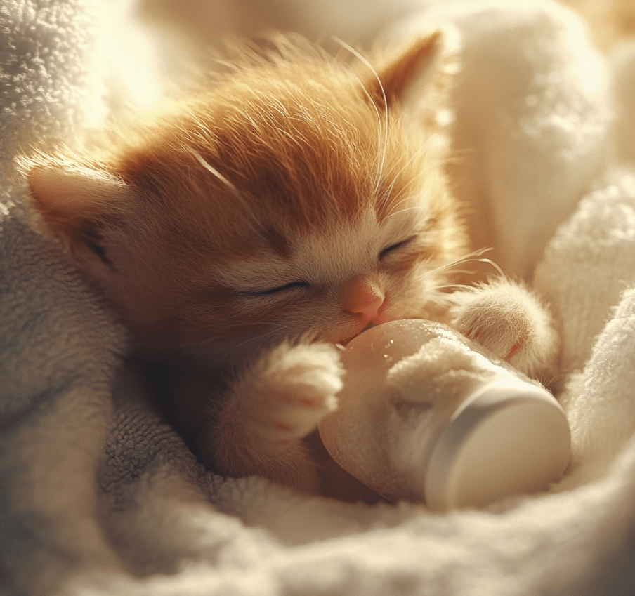 A close-up of a kitten suckling from a small feeding bottle, showing the feeding process in detail.
