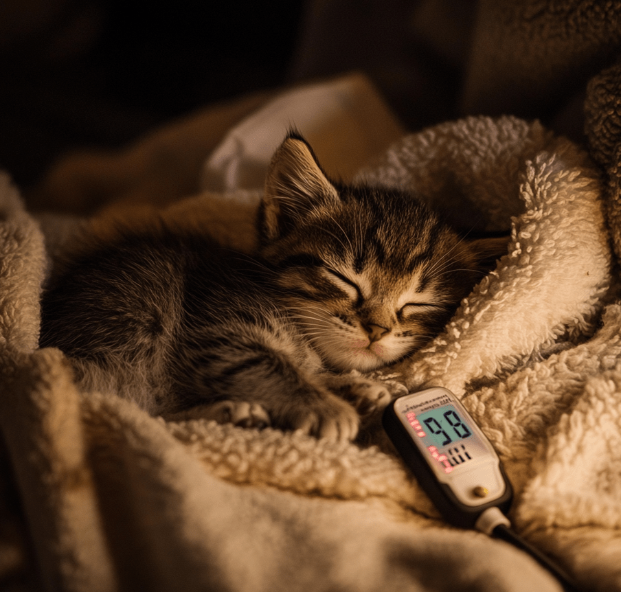 A kitten snuggling with a warm heating pad or hot water bottle wrapped in a towel, in a controlled environment.
