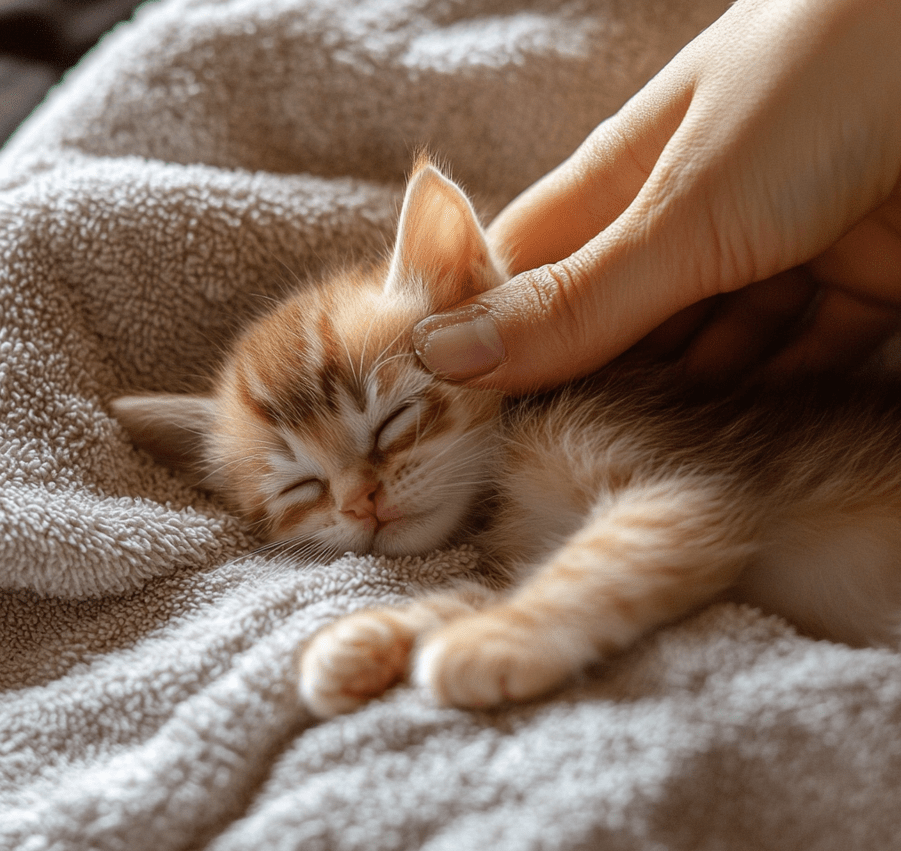  A person gently stimulating a kitten’s belly with a warm, damp cloth.
