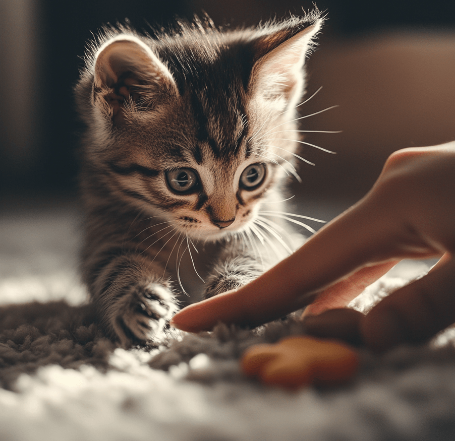 A playful scene with a kitten exploring its surroundings and interacting gently with a person’s hand.
