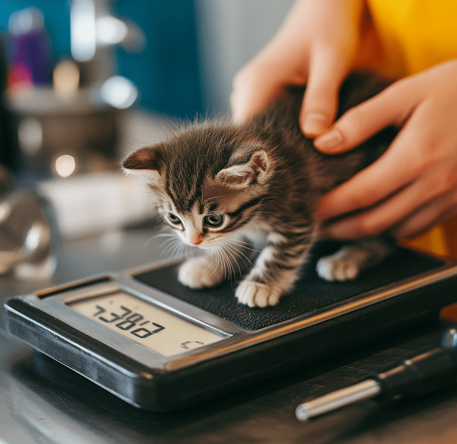 A small scale with a kitten being weighed, showing a vet or caregiver monitoring its health.
