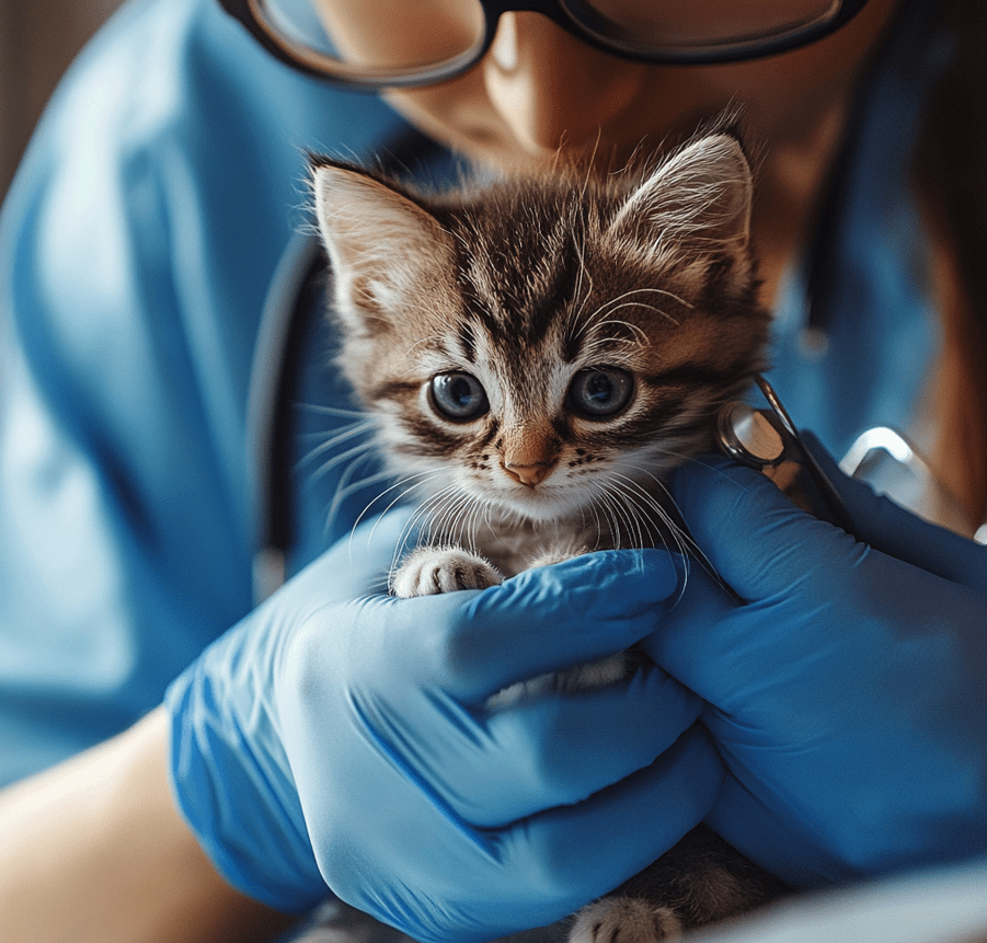 A vet gently holding a kitten while preparing a small vaccine syringe, emphasizing safety and care.
