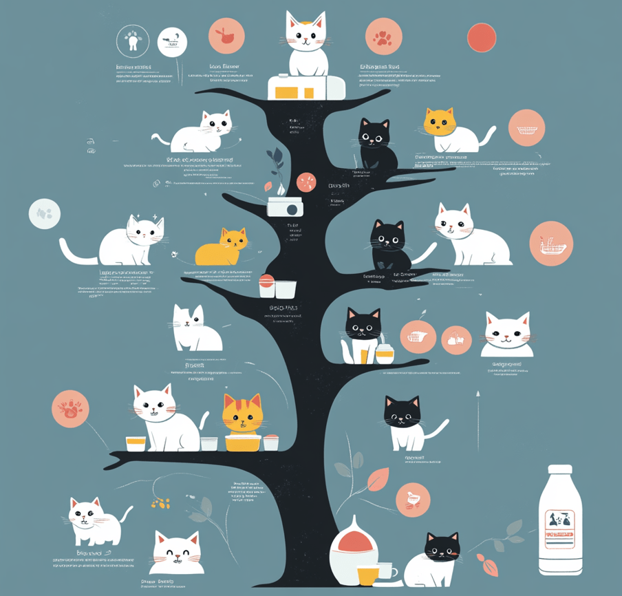 A timeline-style visual showing feeding milestones for kittens by age (e.g., 0-1 week, 1-2 weeks, etc.), with corresponding feeding tools or food types.
