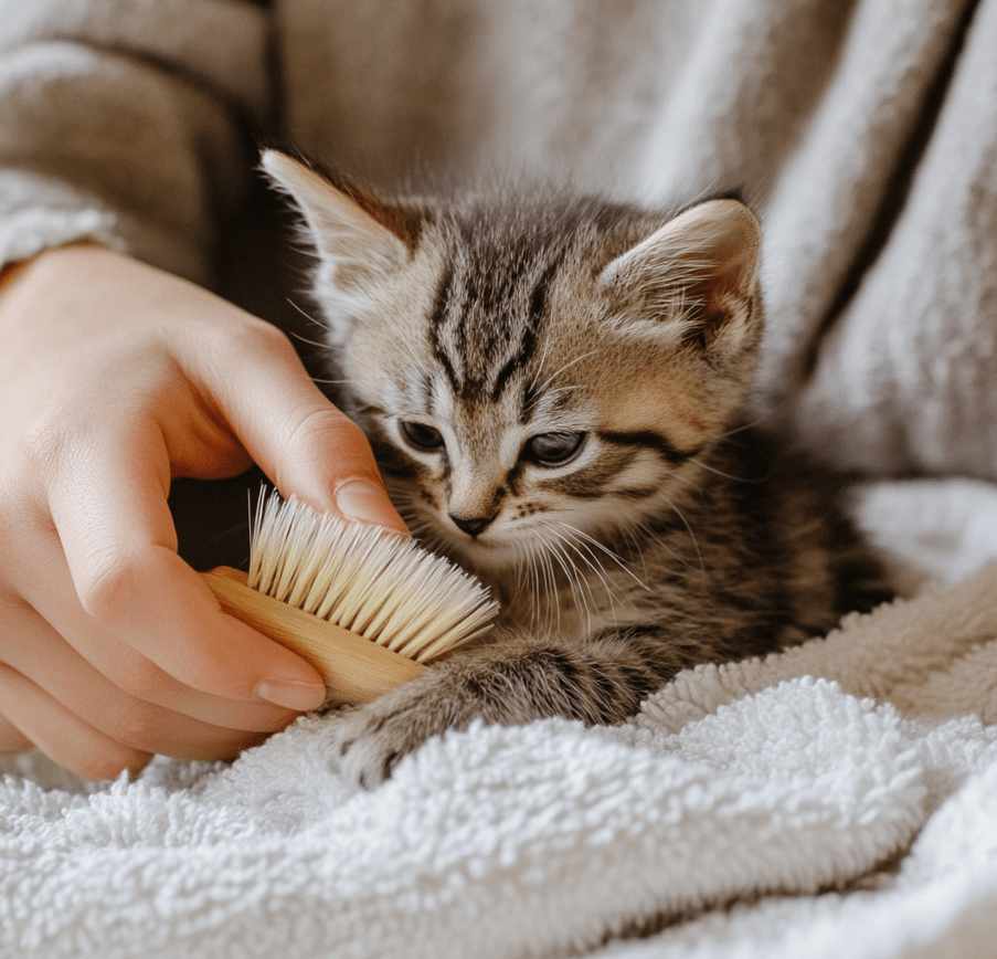 A caregiver gently brushing a kitten’s fur with a soft brush, emphasizing cleanliness and care.
