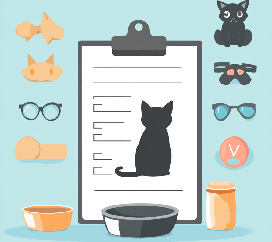 A checklist with a cat silhouette, pen, and a clipboard, with some cat adoption elements 