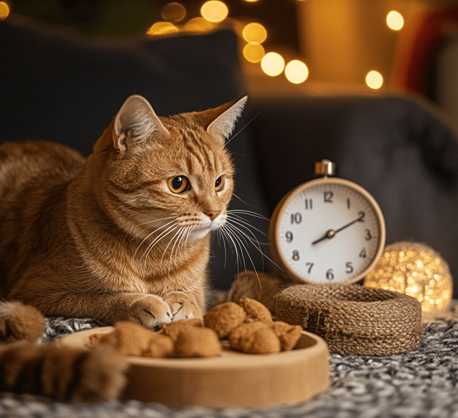 An owner feeding, grooming, and playing with a cat, with a clock icon indicating time commitment.
