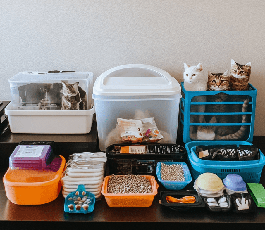 A table with essential cat supplies 