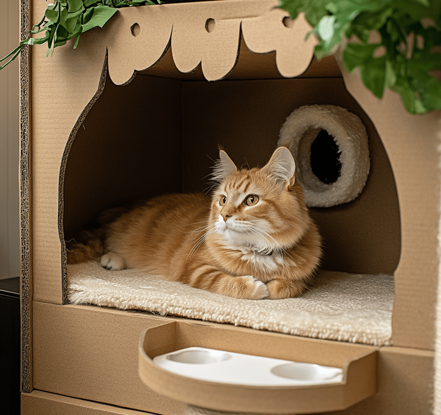 A cozy corner in a house with food, water, a litter box, a scratching post, hiding spots, and a comfortable bed.
