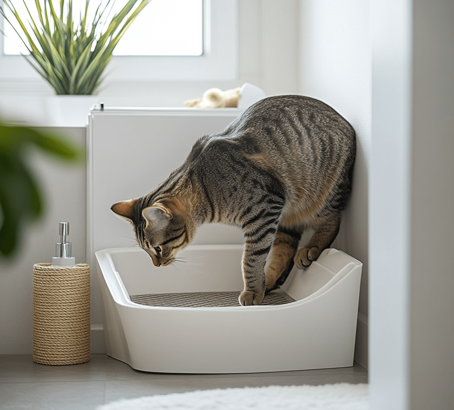 A clean, uncovered litter box with a cat curiously sniffing or stepping in it, set in a bathroom or a corner of a room. 