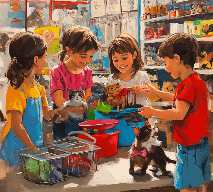 A group of children excitedly selecting kitten toys and supplies in a pet store.
