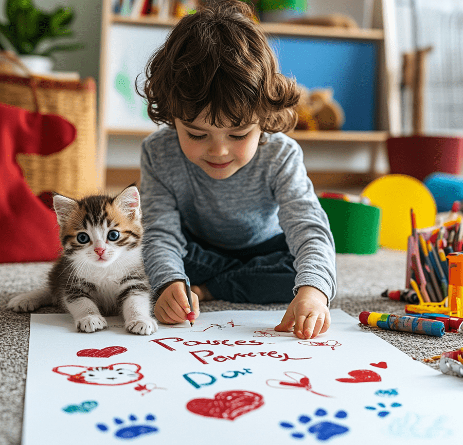 A child creating a colorful poster with 'cat promises' written on it along with drawings of a kitten. 