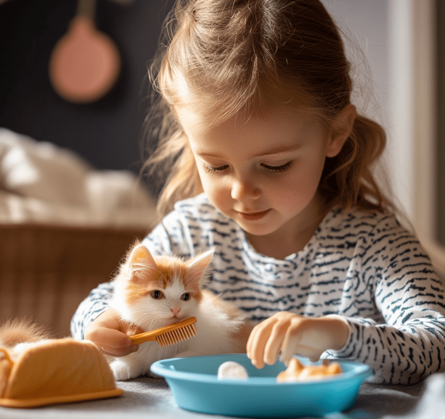 A child playing pretend with a toy kitten, brushing it gently. 