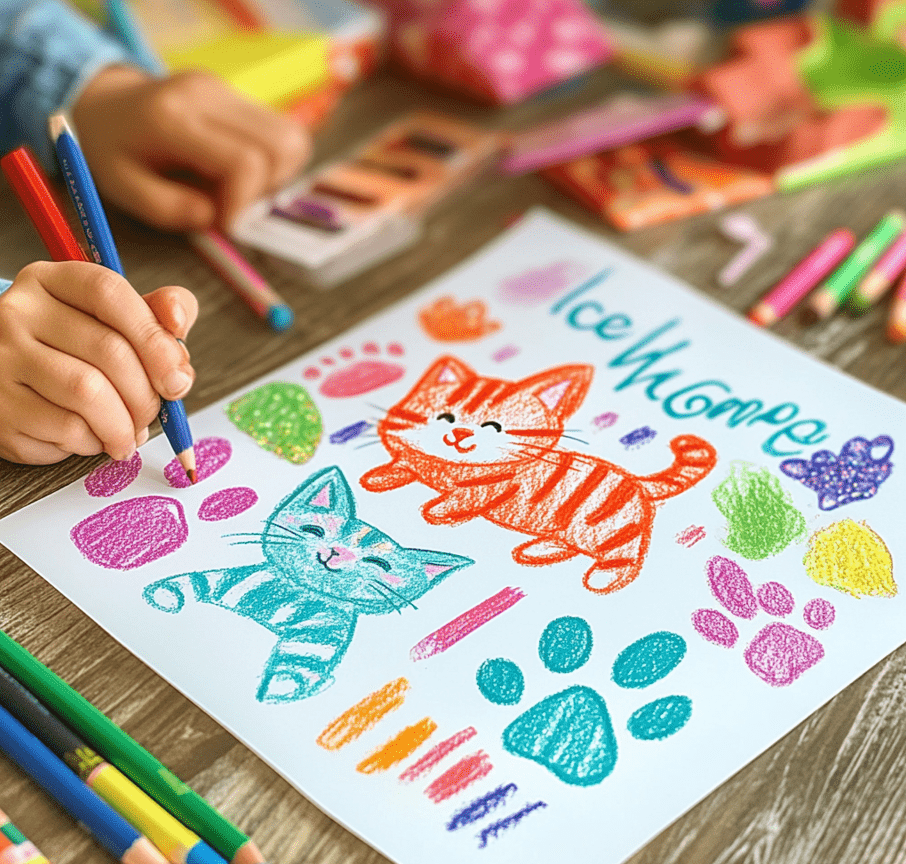 A child making a handmade, colorful welcome home card for a new kitten, with crayons and glitter.