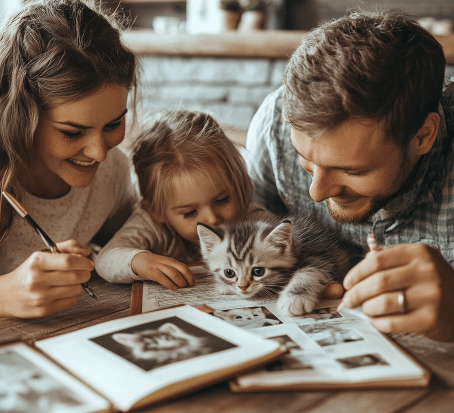 A family sitting together, putting photos and drawings into a scrapbook about their kitten’s early moments. 