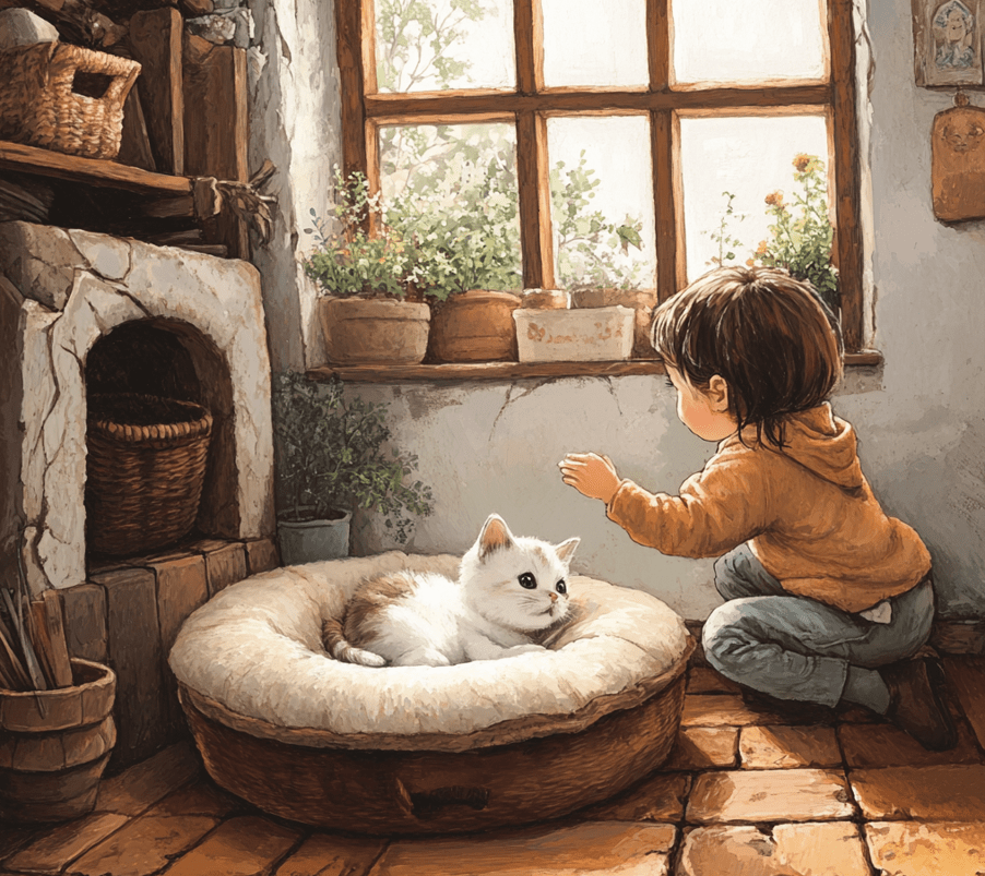 A kitten resting in a cozy corner while a child gently approaches to pet it.
