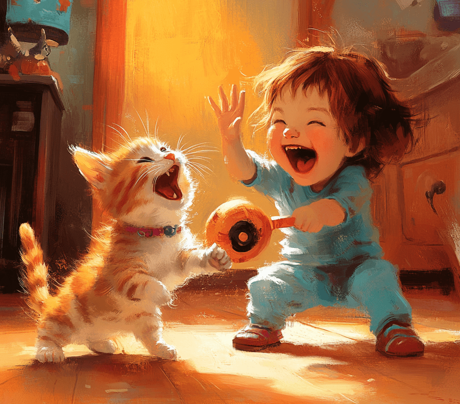 A child and a kitten interacting playfully with an interactive toy. 