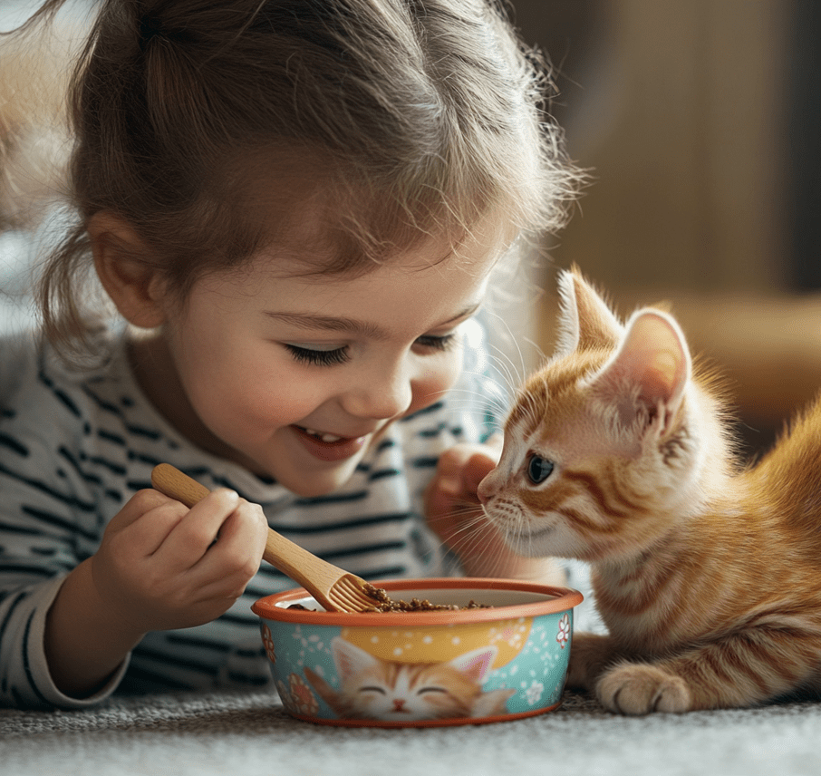 A child feeding a kitten from a bowl or brushing a kitten gently.
